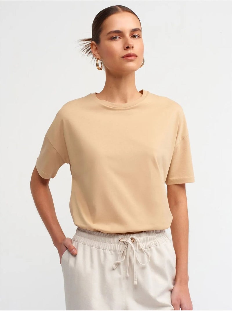 T-shirt femme en coton à col rond dilvin Beige argile - Kiabi