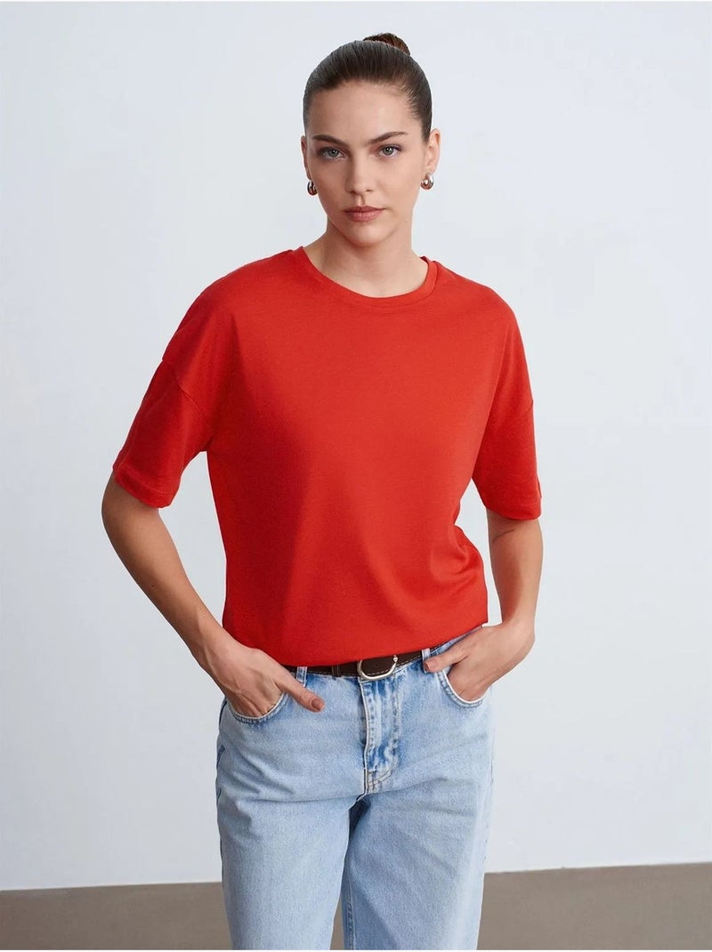 T-shirt femme en coton à col rond dilvin Rouge - Kiabi