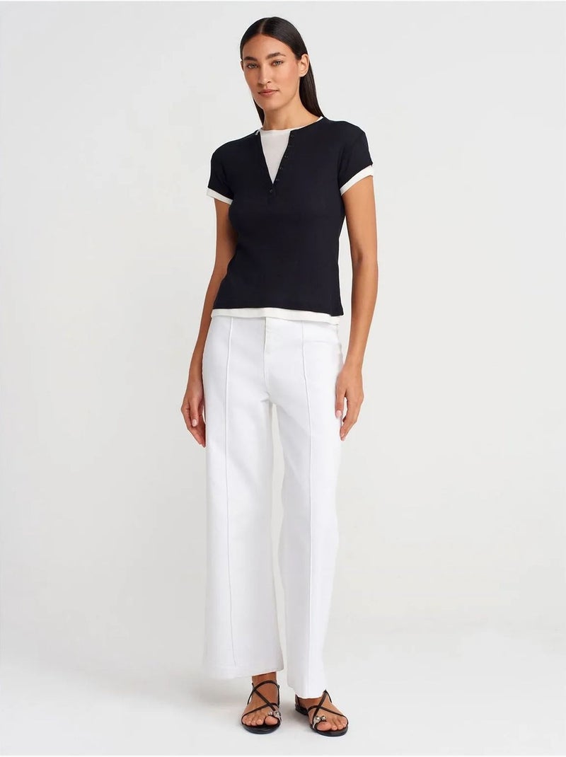 T-shirt femme en coton à col v et patte de boutonnage dilvin Noir - Kiabi