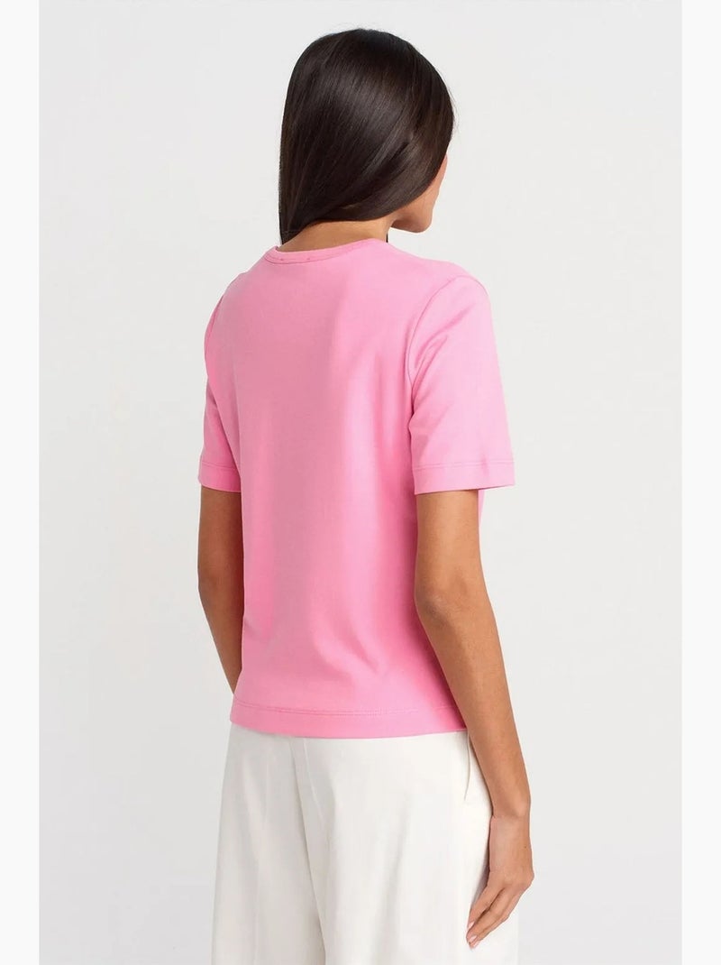 T-shirt femme en coton col v dilvin Rose fluo/Solinotes - Kiabi