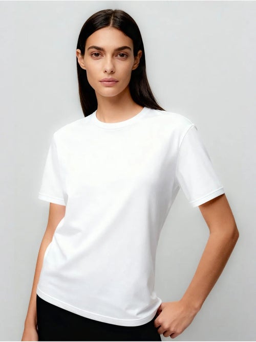T-shirt femme en coton et élasthanne, col rond tommy - Kiabi