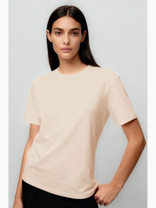 T-shirt femme en coton et élasthanne, col rond tommy - Kiabi