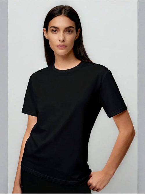 T-shirt femme en coton et élasthanne, col rond tommy - Kiabi