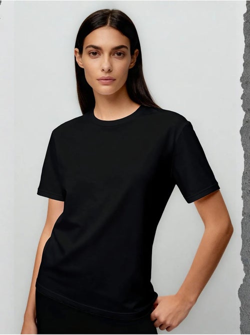 T-shirt femme en coton et élasthanne, col rond tommy - Kiabi
