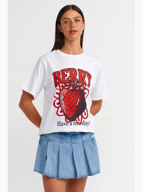 T-shirt femme en coton imprimé à col rond dilvin - Kiabi