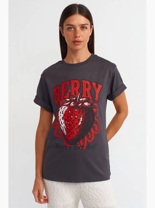 T-shirt femme en coton imprimé à col rond dilvin - Kiabi