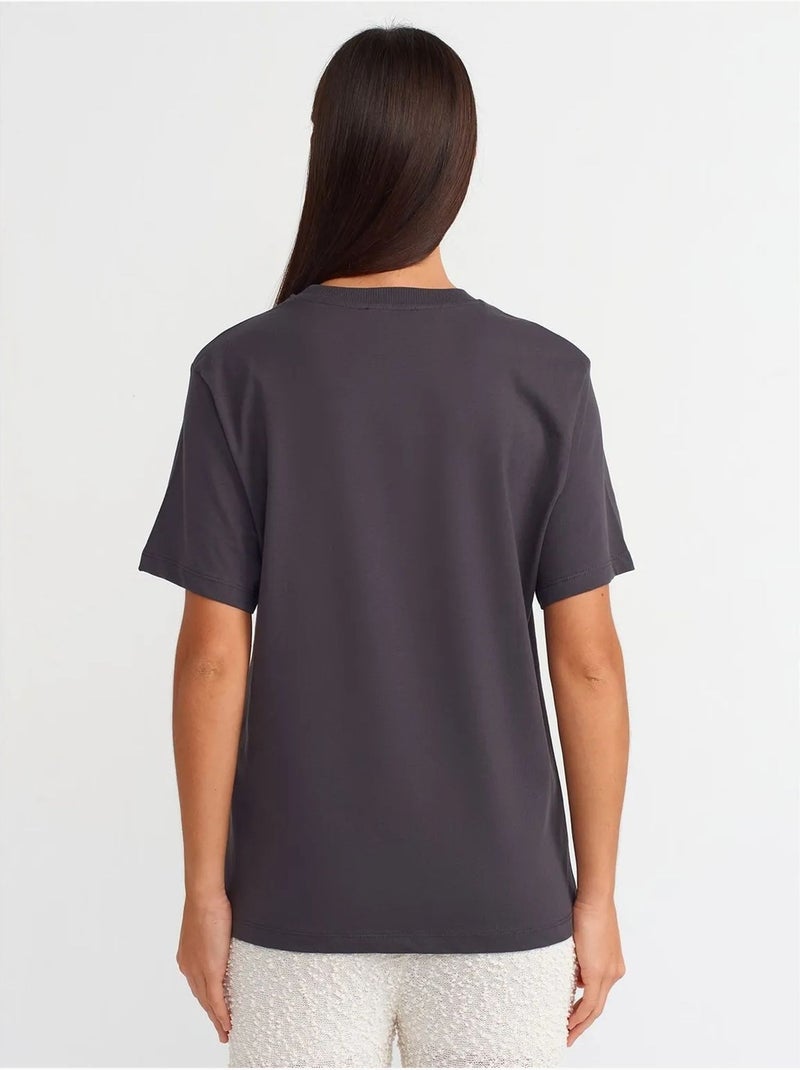 T-shirt femme en coton imprimé à col rond dilvin Gris Noir - Kiabi