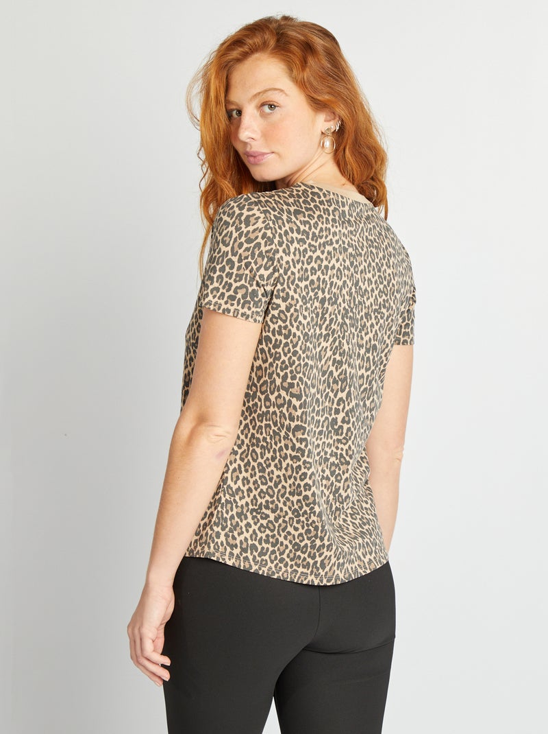T-shirt femme en coton imprimé à col rond Leopard - Kiabi