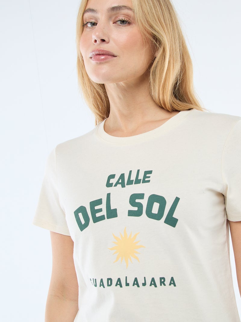 T-shirt femme en coton imprimé à col rond Vert - Kiabi