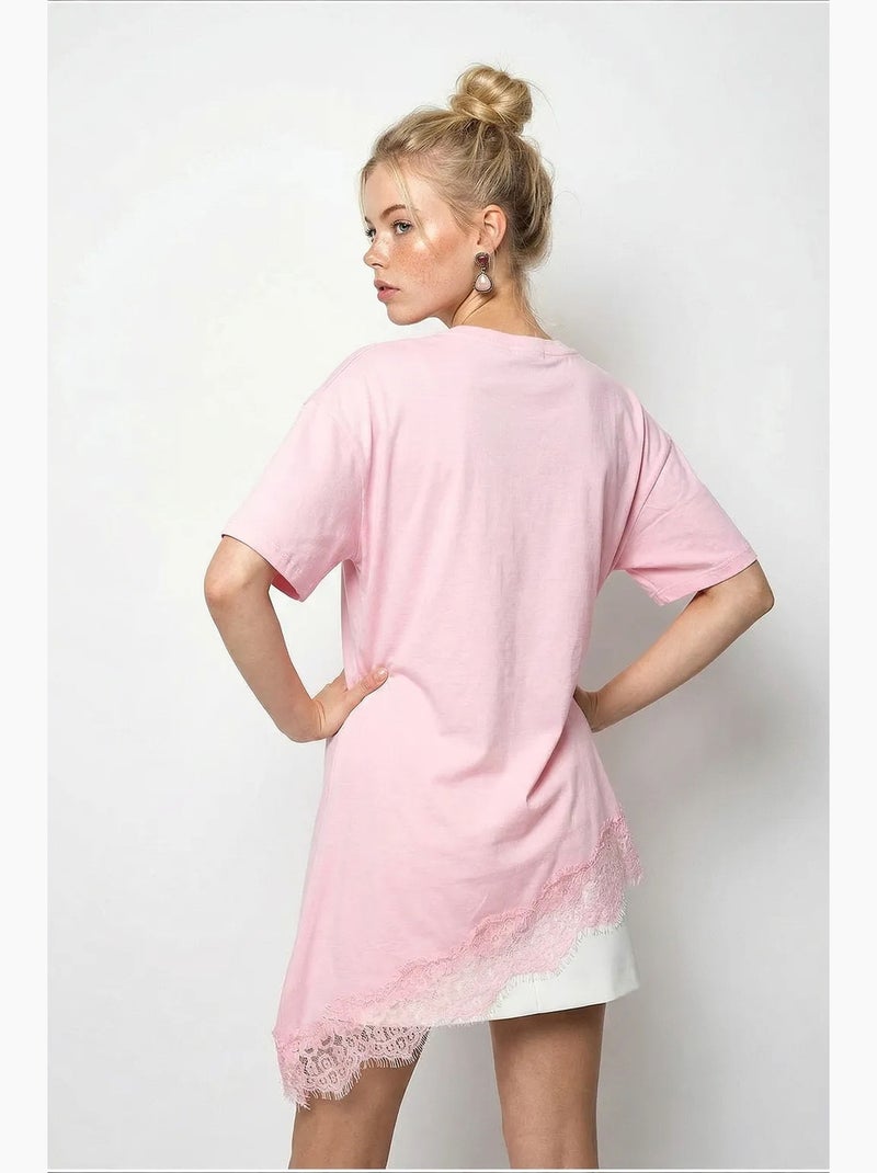 T-shirt femme long ample col rond lucci Rose clair - Kiabi
