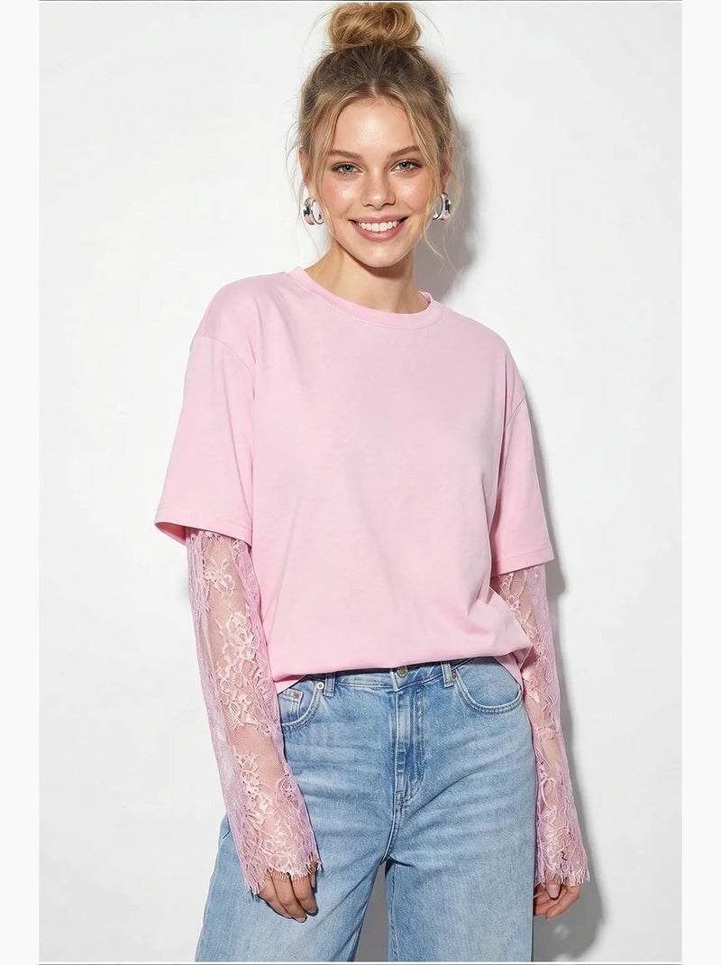 T-shirt femme oversize à col rond lucci Rose dragée - Kiabi