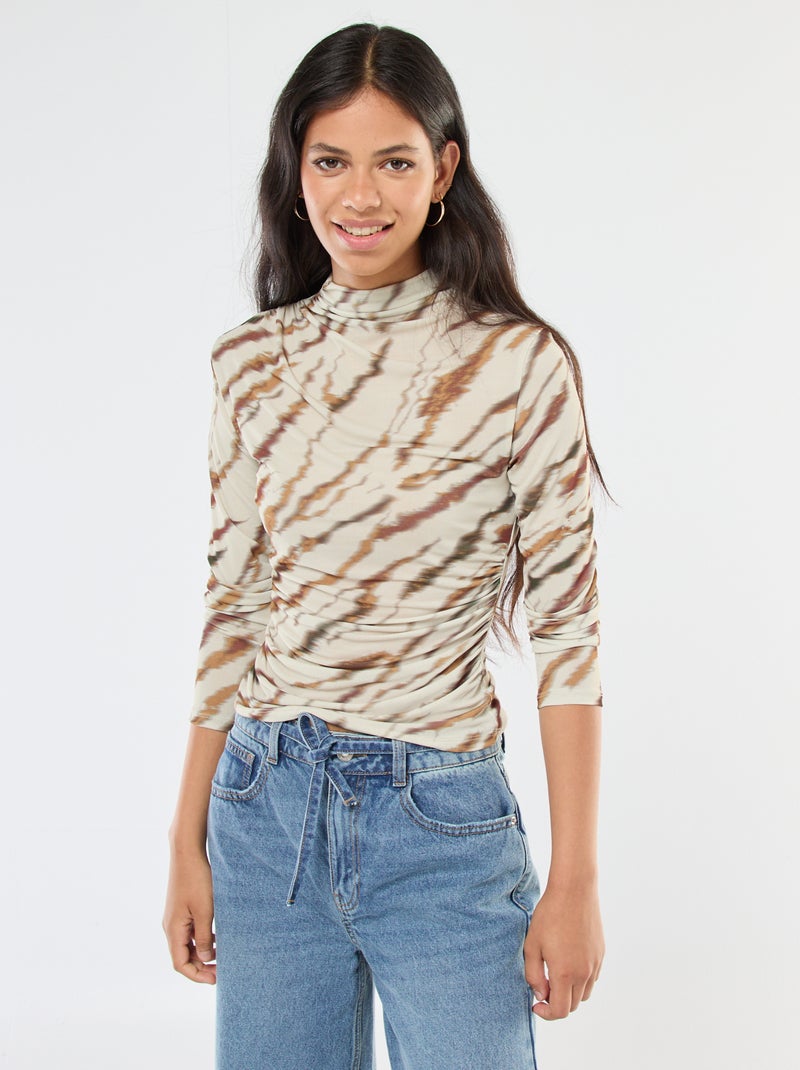 T-shirt fluide avec col montant à motif Beige - Kiabi