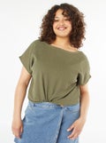 T-shirt fluide en maille gaufrée Kaki - Kiabi