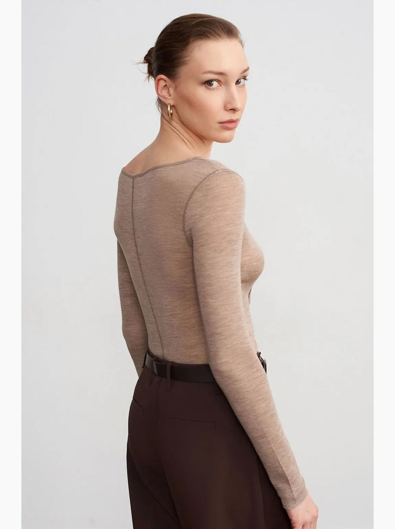 T-shirt gebreid wol met knopen lange mouwen dilvin Klei-beige - Kiabi