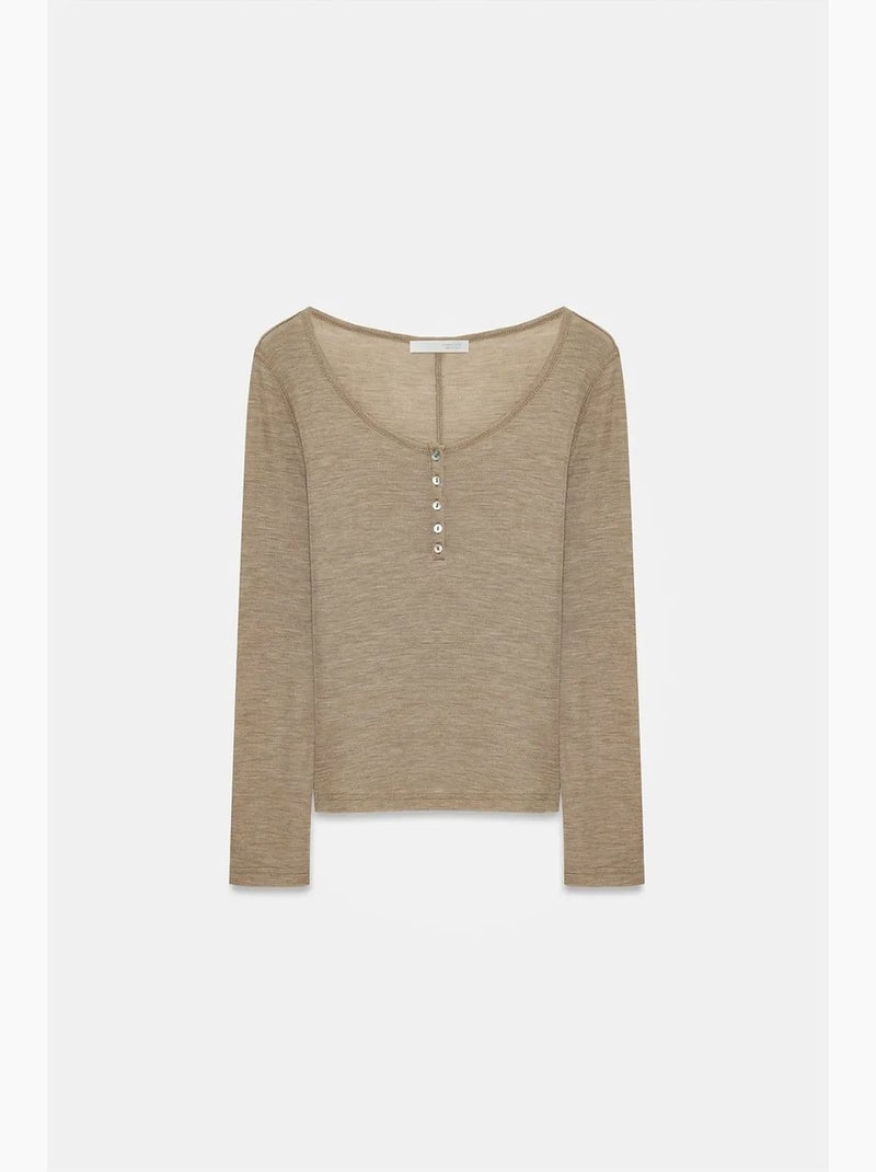 T-shirt gebreid wol met knopen lange mouwen dilvin Klei-beige - Kiabi