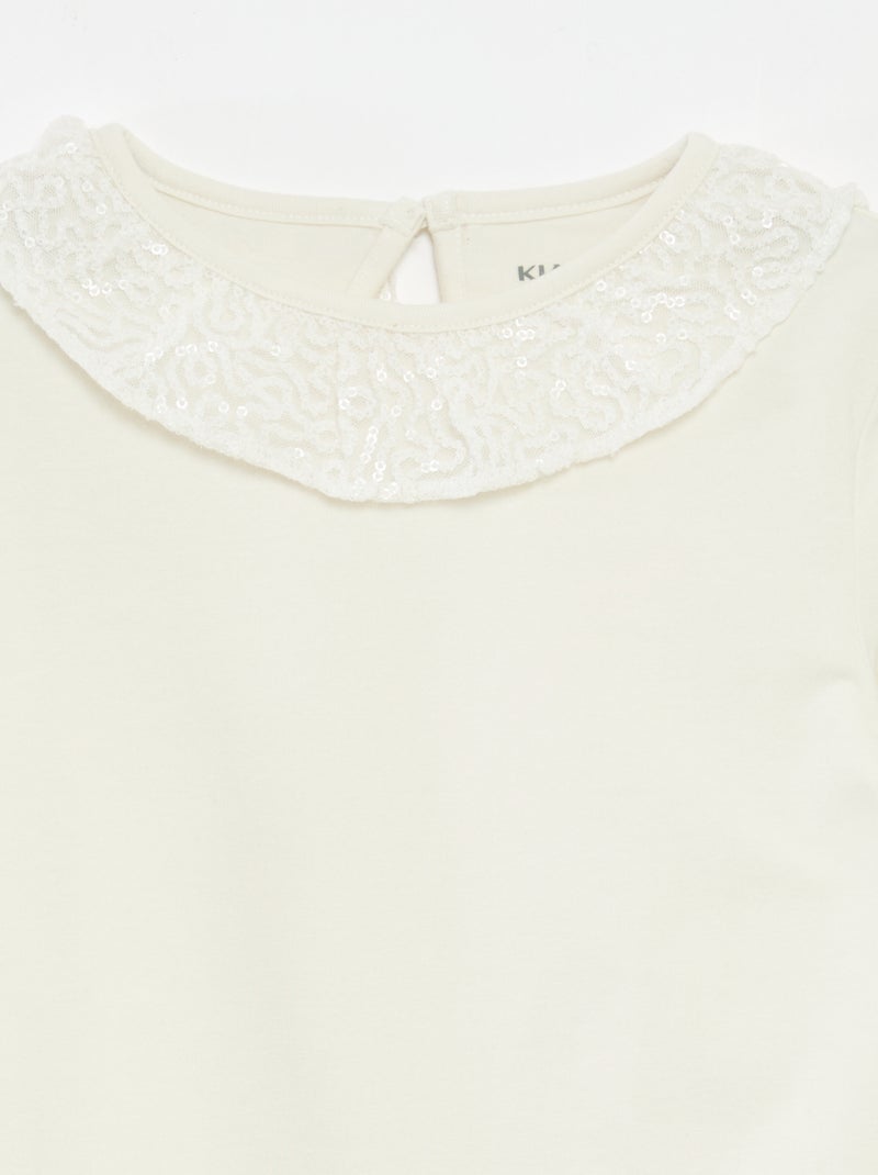 T-shirt grand col volanté avec sequins uni Blanc - Kiabi