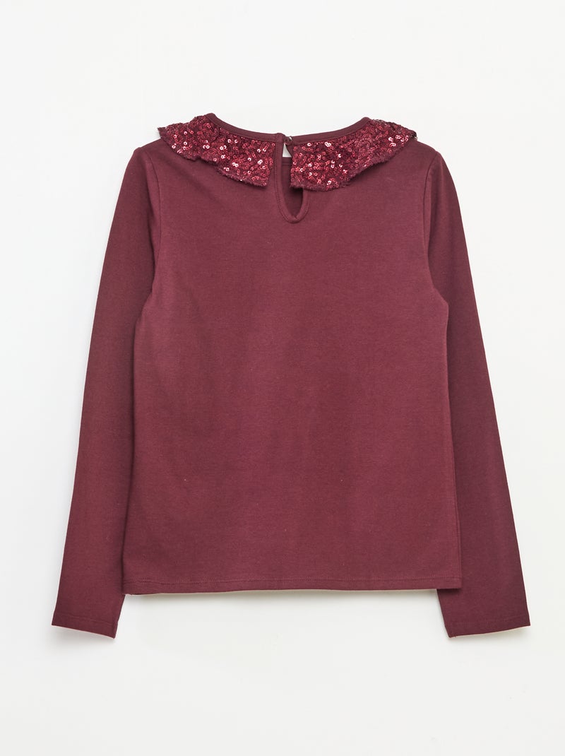 T-shirt grand col volanté avec sequins uni Rouge - Kiabi