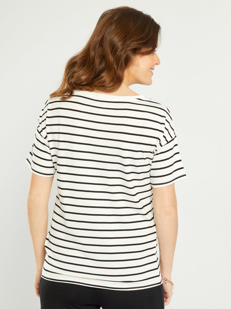 Tee-shirt Marinière Gérard Darel Blanc Et Noir à Liseré Rouge - Taille 2 (36/38) - Occasion En Très Bon état, Manches 3/4