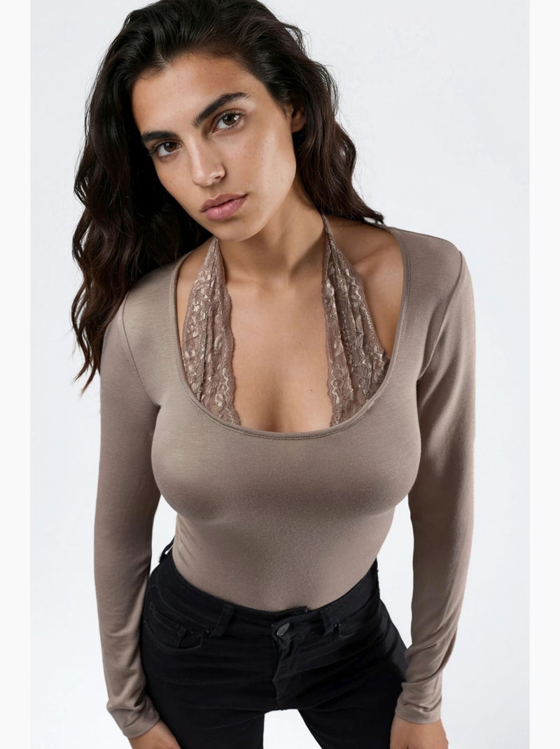 T-shirt halternek kant viscose stretch lange mouw hiccup Beige - Kiabi