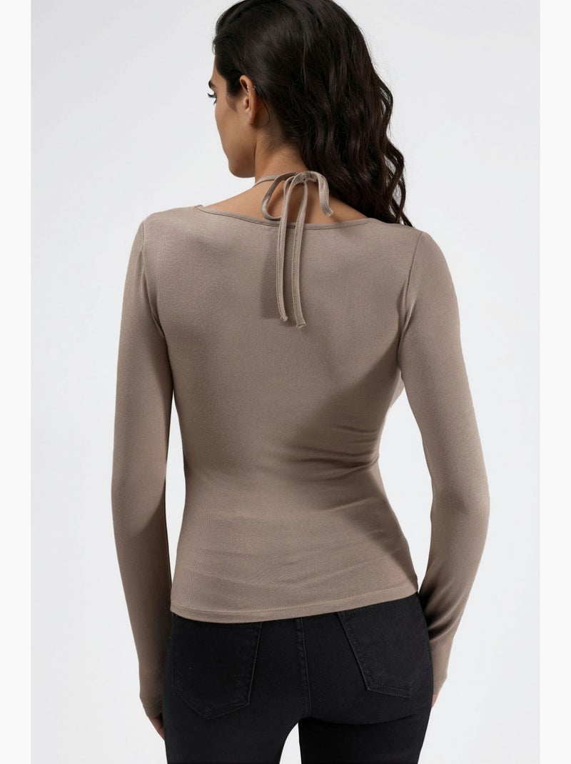 T-shirt halternek kant viscose stretch lange mouw hiccup Beige - Kiabi