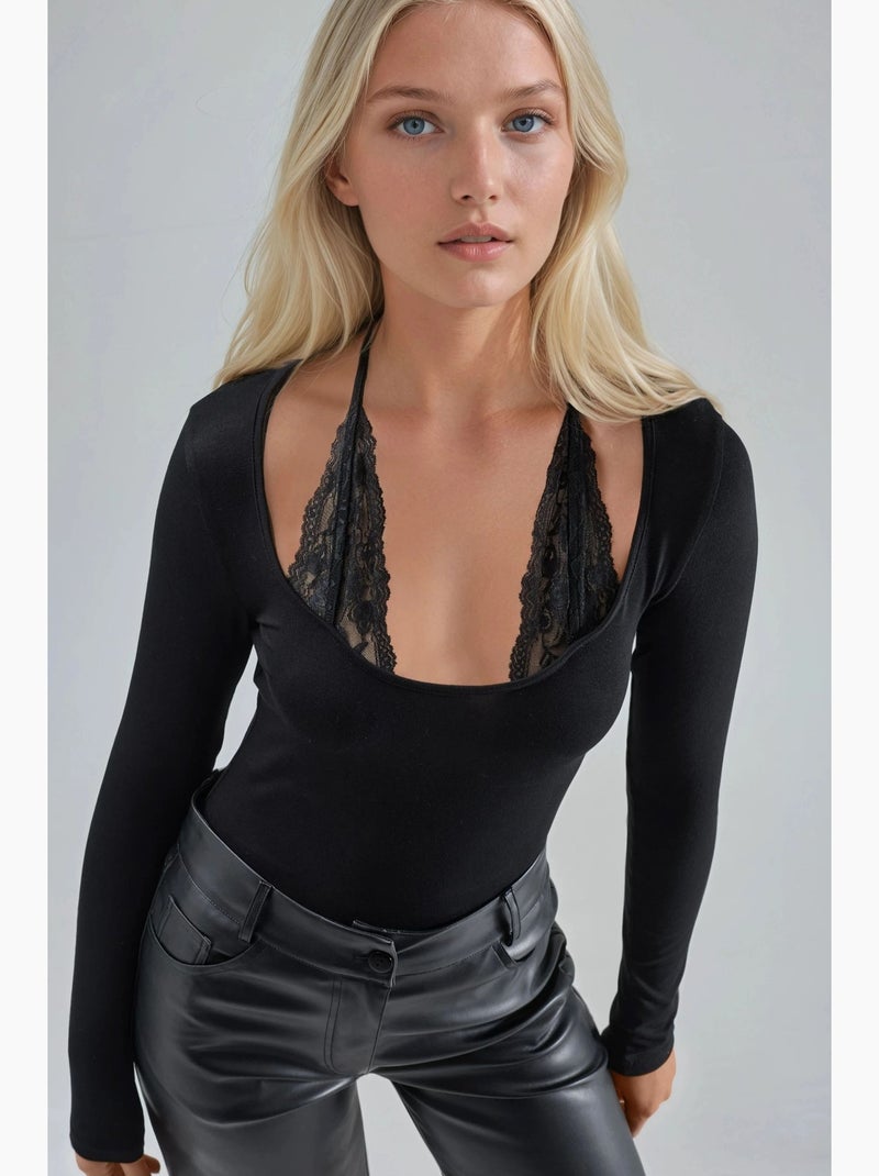 T-shirt halternek kant viscose stretch lange mouw hiccup Zwart - Kiabi