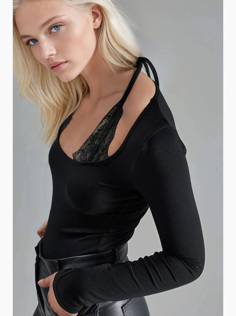 T-shirt halternek kant viscose stretch lange mouw hiccup Zwart - Kiabi