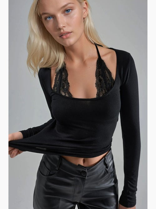 T-shirt halternek kant viscose stretch lange mouw hiccup - Kiabi T-shirt halternek kant viscose stretch lange mouw hiccup - Kiabi