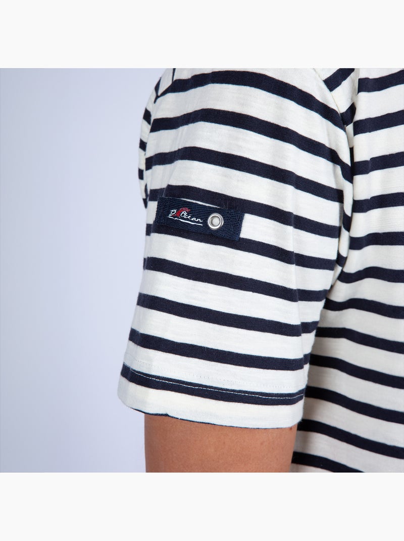 T-Shirt Homme Col V Rayé 'Breizh Océan', Tee Shirt Coton léger Ecru/Marine - Kiabi