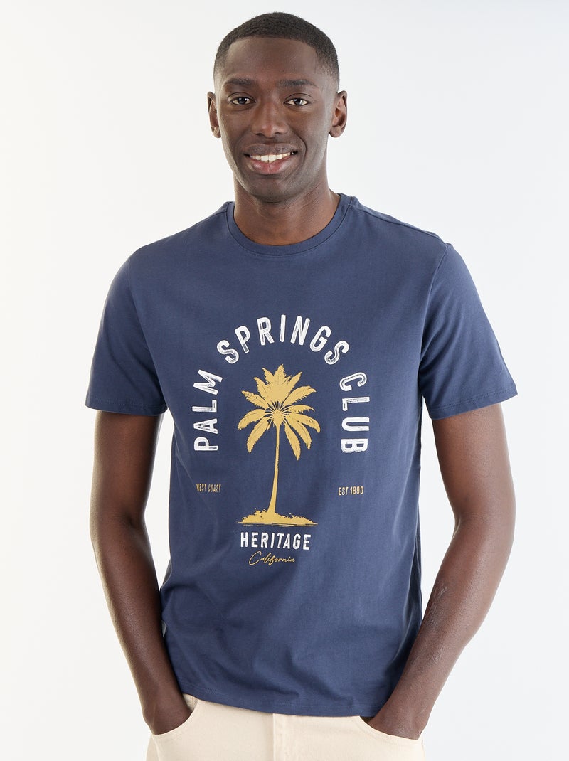 T-shirt homme en coton à col rond avec motif placé Bleu - Kiabi