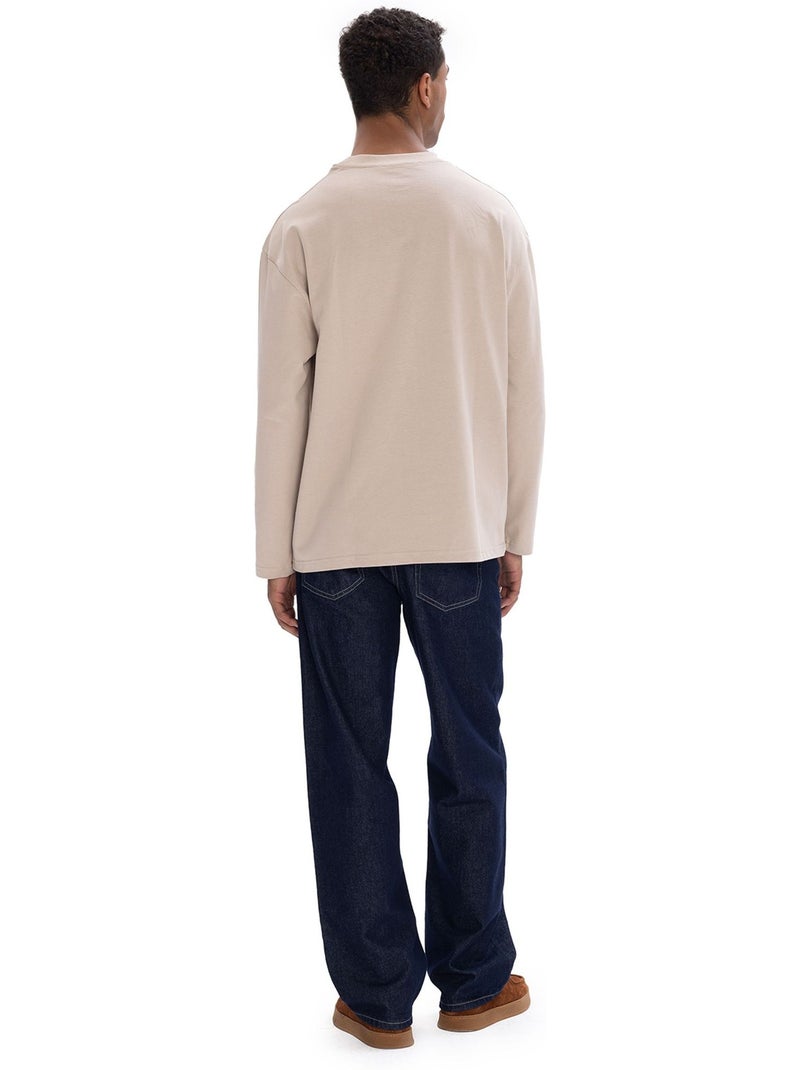 T-shirt homme en coton à col rond et manches longues giesto Beige argile - Kiabi