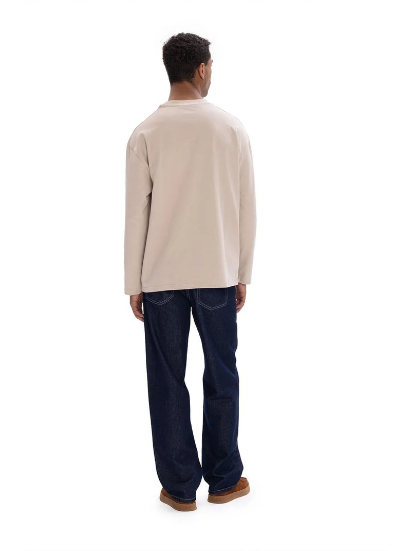 T-shirt homme en coton à col rond et manches longues giesto Beige argile - Kiabi