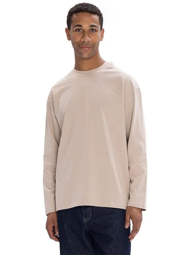 T-shirt homme en coton à col rond et manches longues giesto Beige argile - Kiabi