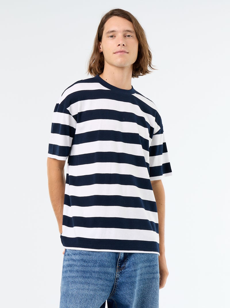 T-shirt homme en coton à col rond rayé Bleu - Kiabi