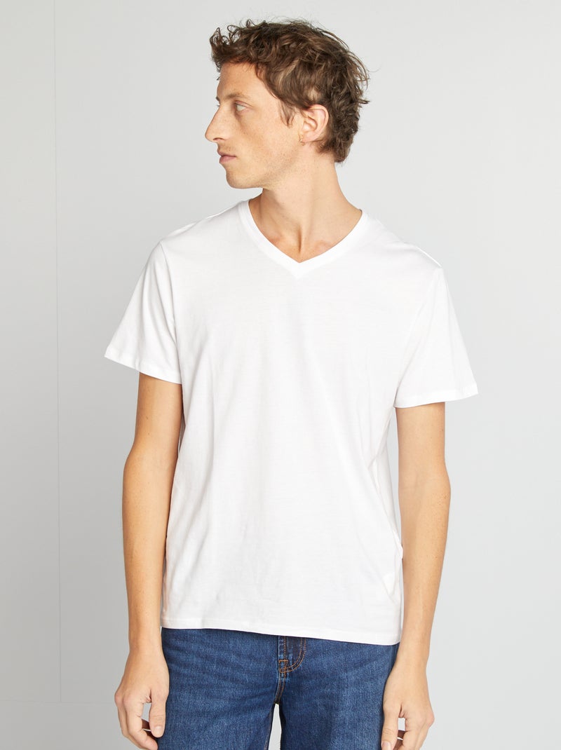T-shirt homme en coton à col V Blanc - Kiabi