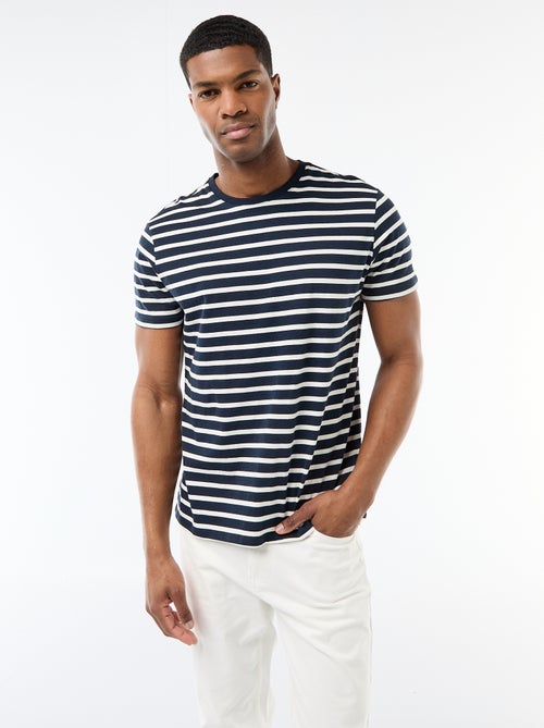 T-shirt homme en coton rayé à col rond - Kiabi