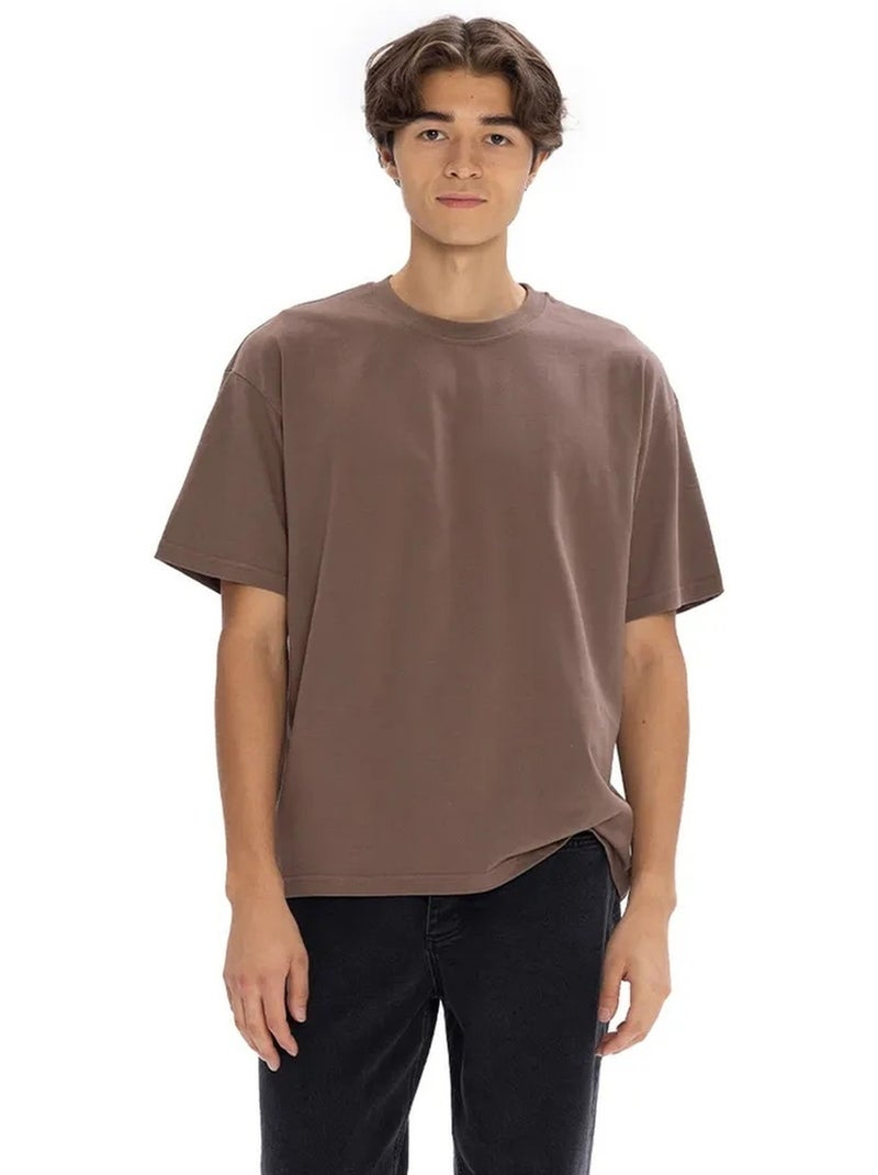 T-shirt homme uni en coton à col rond giesto Taupe - Kiabi