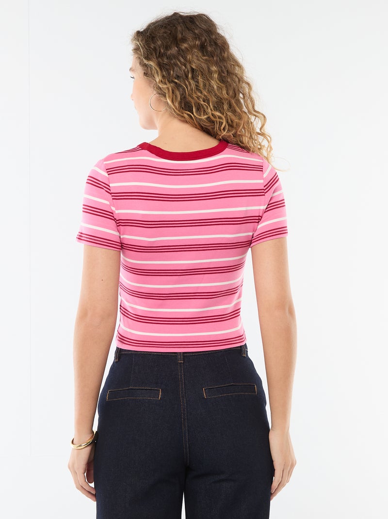 T-shirt imprimé à manches courtes à motif Rose rayé - Kiabi
