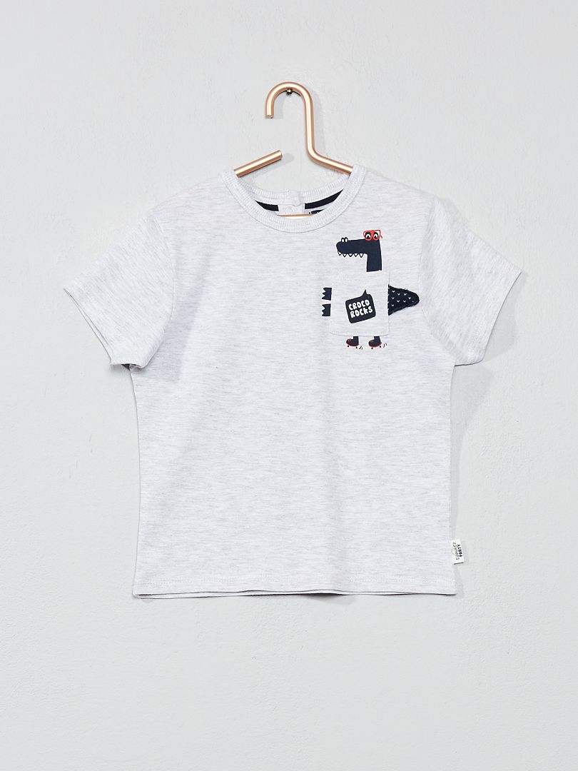 T-shirt imprimé avec poche animée gris chiné croco - Kiabi