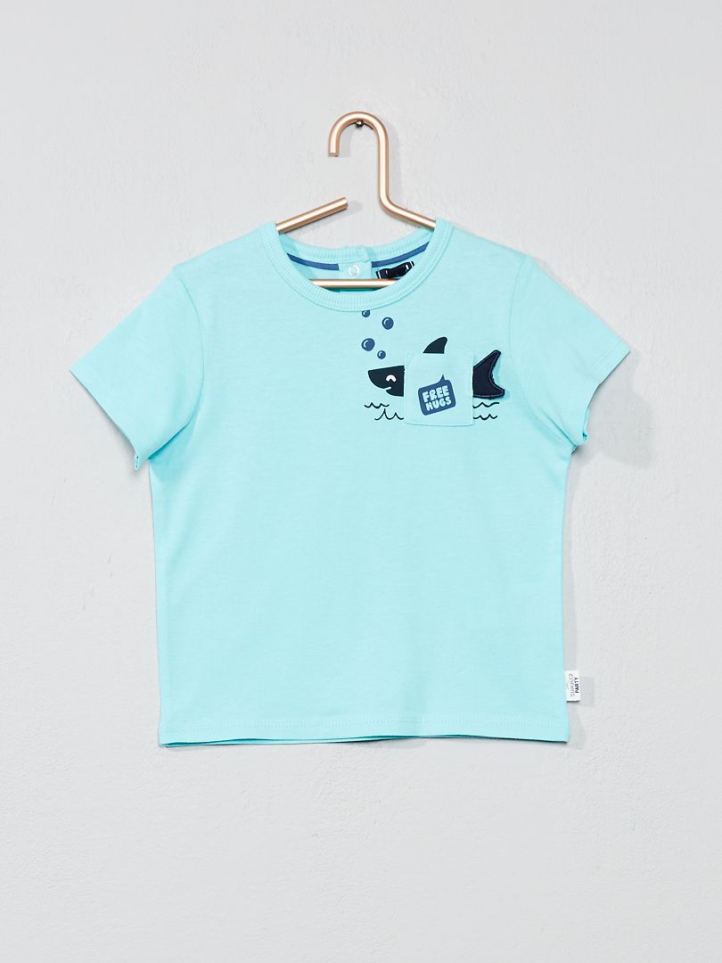 T-shirt imprimé avec poche animée turquoise requin - Kiabi