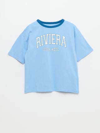 T-shirt imprimé fantaisie manches courtes avec biais contrastants