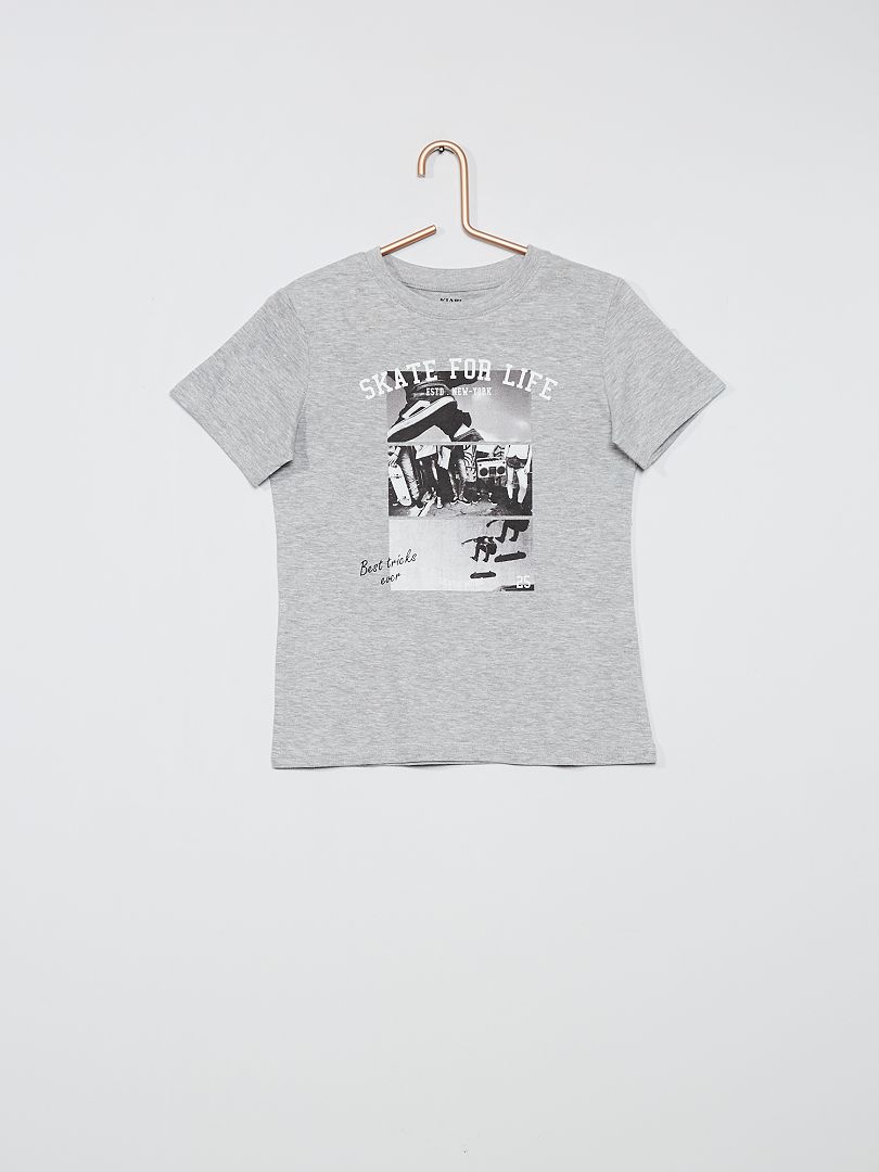T-shirt imprimé gris clair chiné/skate - Kiabi