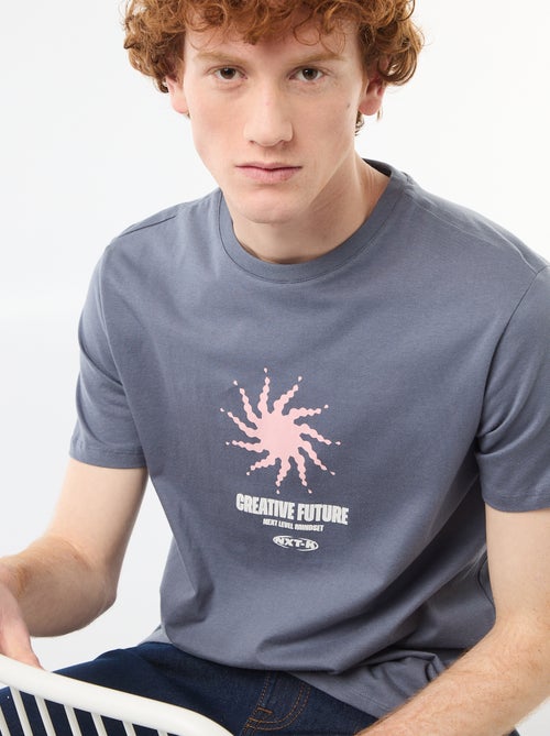 T-shirt imprimé placé en coton uni - Kiabi