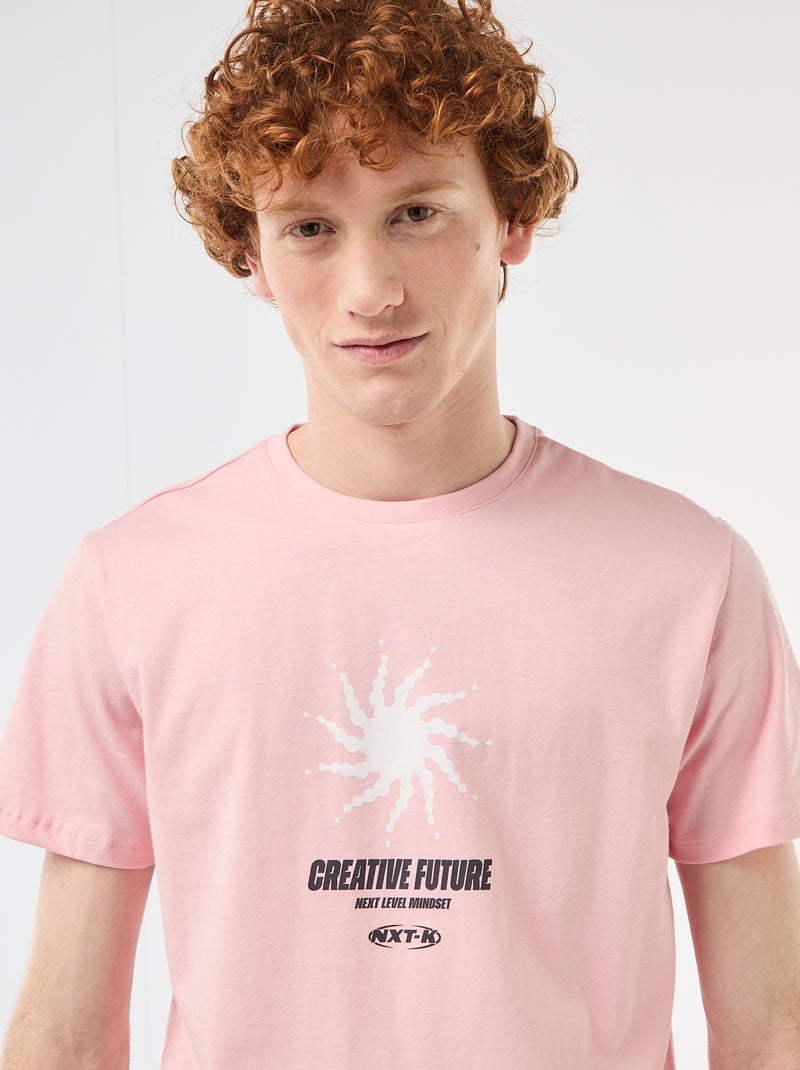 T-shirt imprimé placé en coton uni Rose - Kiabi