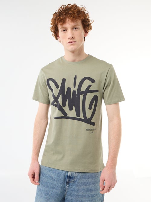 T-shirt imprimé placé en coton uni - Kiabi