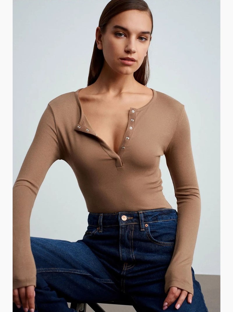 T-shirt jersey lange mouwen aansluitend dilvin Camel - Kiabi