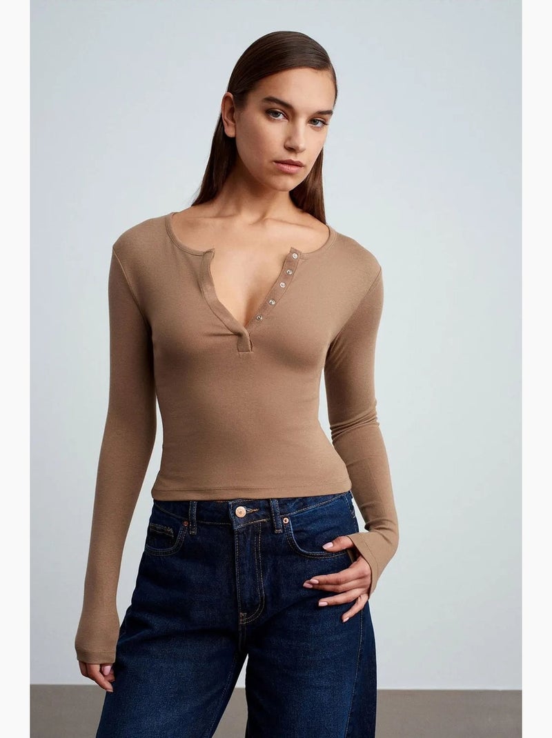 T-shirt jersey lange mouwen aansluitend dilvin Camel - Kiabi
