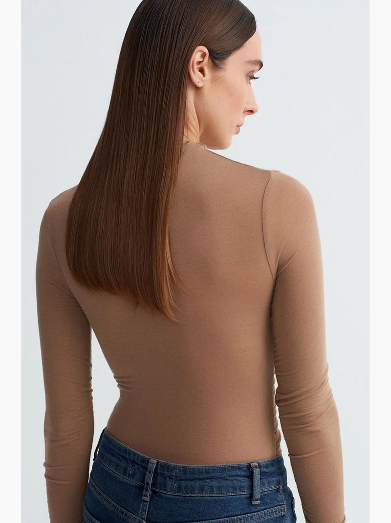 T-shirt jersey lange mouwen aansluitend dilvin Camel - Kiabi