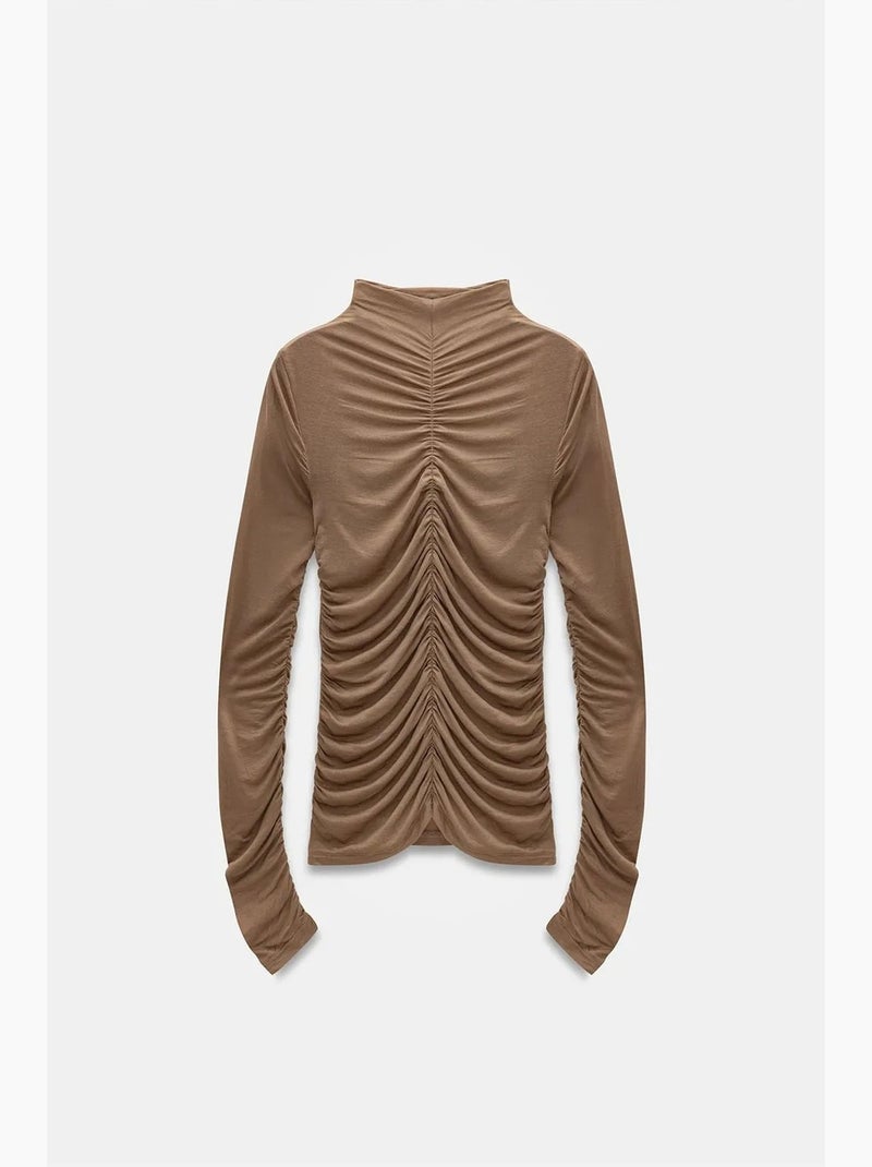T-shirt jersey lange mouwen aansluitend dilvin Camel - Kiabi