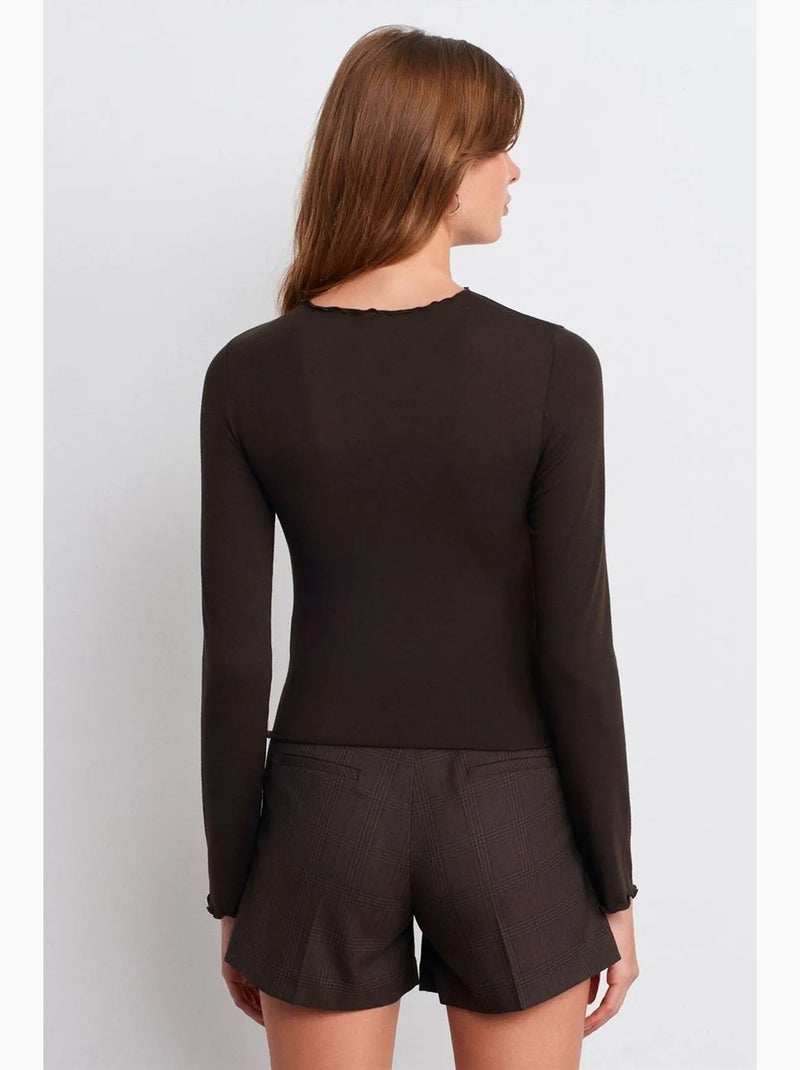 T-shirt jersey lange mouwen aansluitend dilvin Chocoladebruin - Kiabi