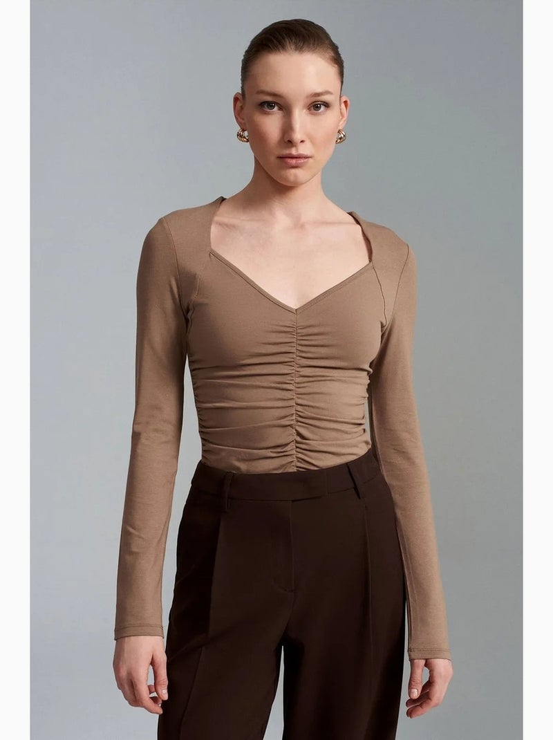 T-shirt jersey v-hals lange mouwen dilvin Camel - Kiabi